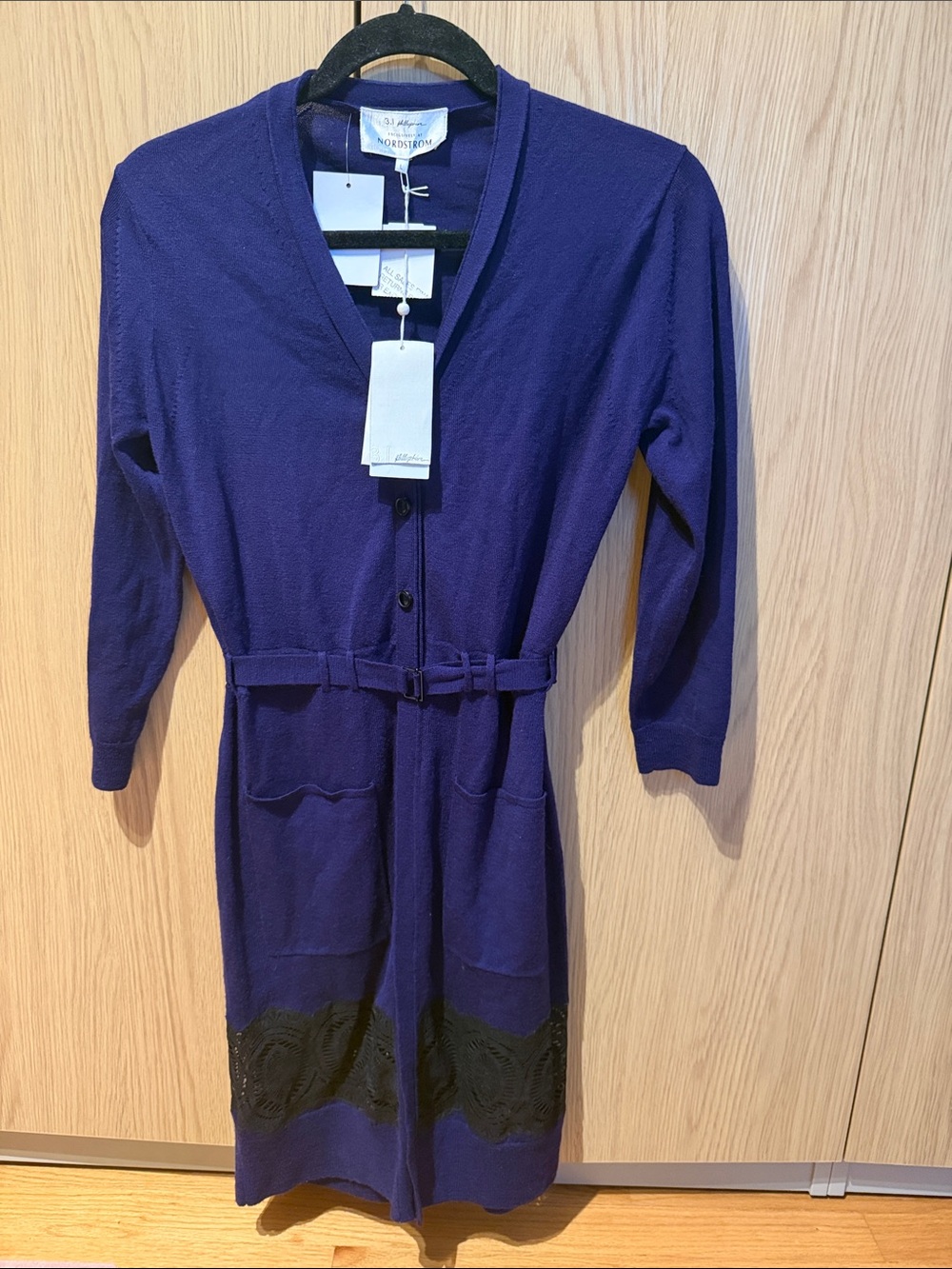 Nordstrom Collection 100% Merino WoolLong Sleeve V-Neck Belted Purple Knit Dress